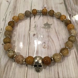 New 6mm Yellow Flower Agate Stone Skull Bracelet